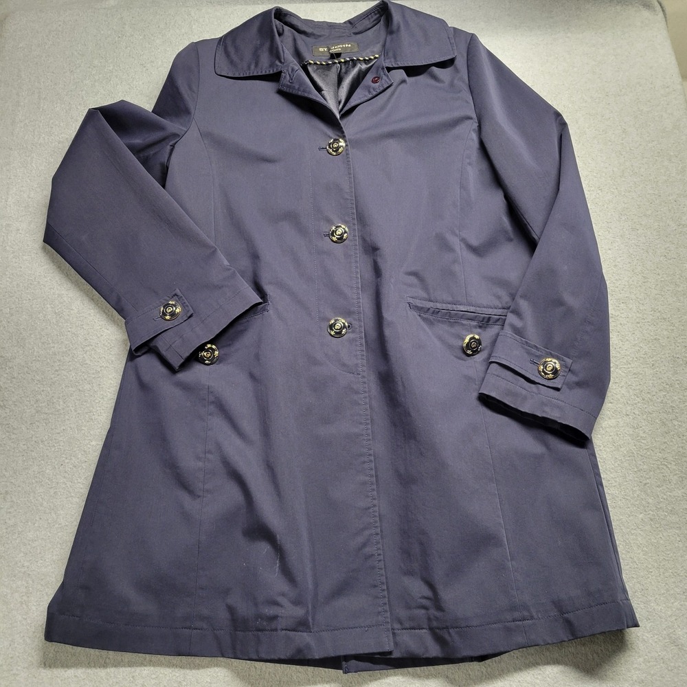St. John Coats Navy Blue Button Front Car Coat Jacket Gold Logo Buttons Size M